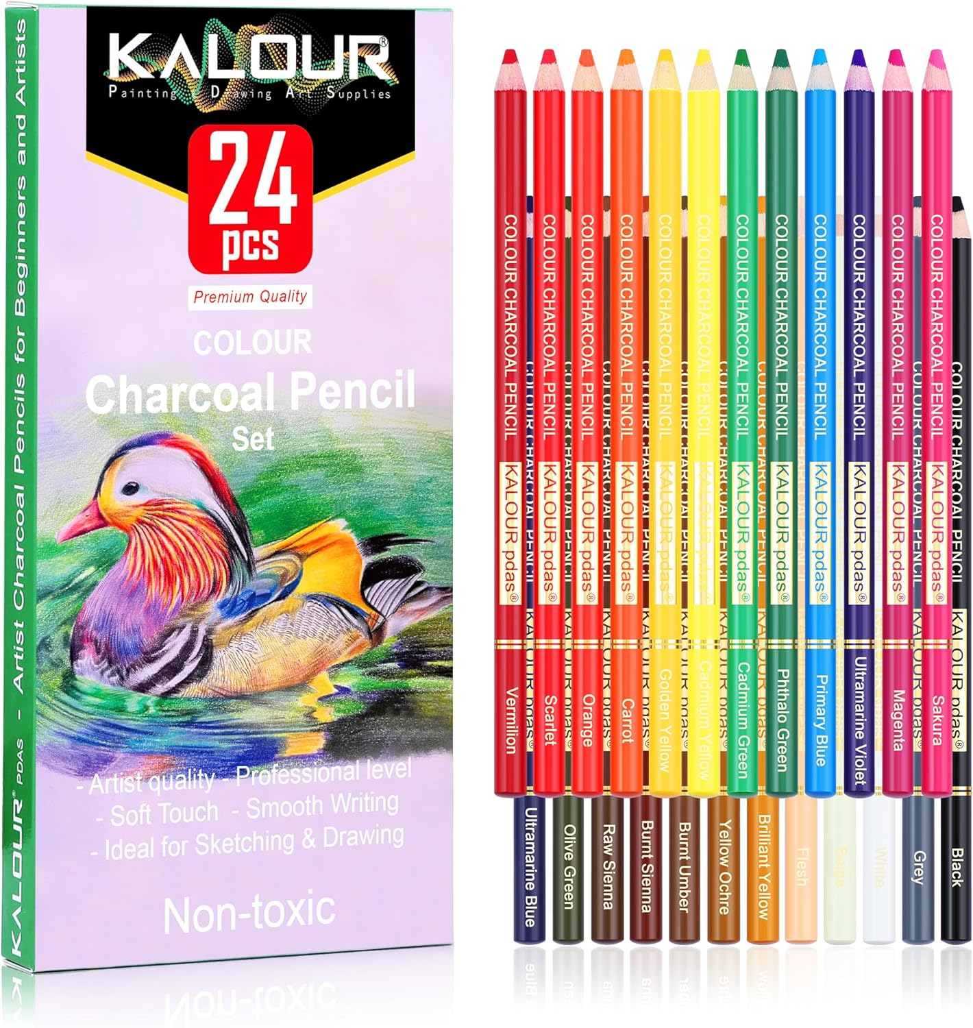 KALOUR 24 Premium Colored Charcoal Pencils Drawing Set