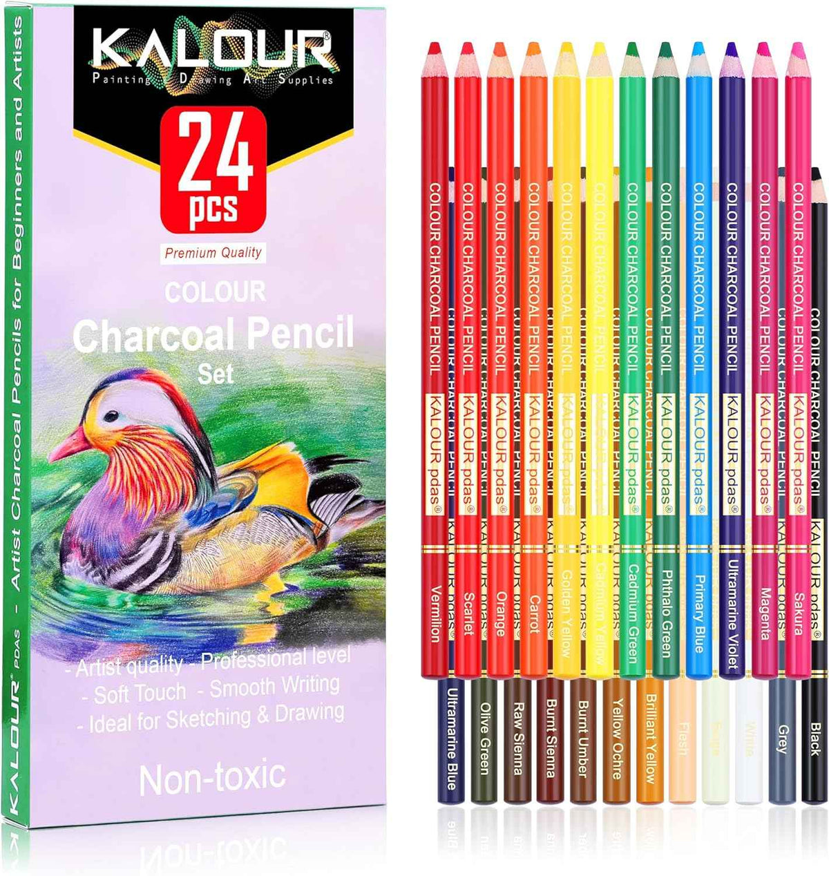 Kalour KALOUR 24 Premium Colored Charcoal Pencils Drawing Set
