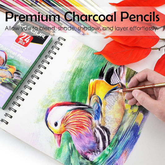 KALOUR 24 Premium Colored Charcoal Pencils Drawing Set