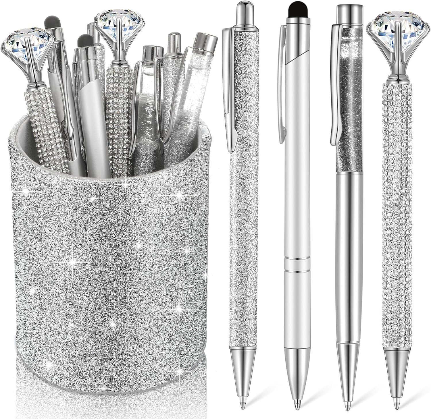 8Pcs Crystal Glitter Ballpoint Pens with Pen Holder for Desk Organizer